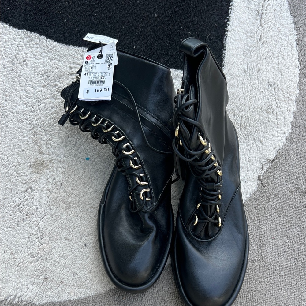 Zara Black Lace-Up Leather Boots
